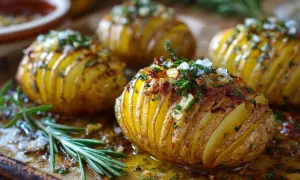 Pieczone ziemniaki Hasselback z ziołami i przyprawami, podane na blasze.