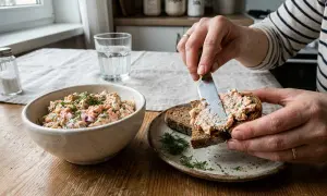 Ręce rozsmarowują pyszną pastę z łososia na ciemnym pieczywie. Obok miska pełna tej smacznej pasty, udekorowana koperkiem.