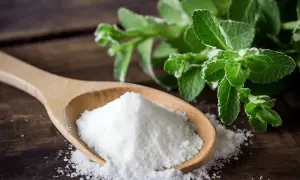 Łyżka białego proszku, czyli stewia, obok świeżych liści. Naturalny słodzik, który warto znać!