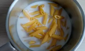 Makaron penne w mleku w garnku. Szybka zupa z makaronem gotowa do podania.