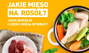 Jakie mięso na rosół? Na talerzu surowa wołowina, w garnku gotujący się rosół z kurczaka i warzywami.