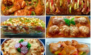 Szybka kolacja dla gości z piekarnika: pieczone kurczaki, zapiekanka warstwowa, klopsiki w sosie, pieczeń faszerowana i zapiekanka makaronowa.