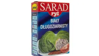 Ryż Sarad biały długoziarnisty - idealny, jaki ryż do gołąbków. Na opakowaniu zdjęcie gotowych gołąbków.