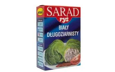Ryż Sarad biały długoziarnisty - idealny, jaki ryż do gołąbków. Na opakowaniu zdjęcie gotowych gołąbków.