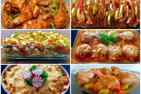 Szybka kolacja dla gości z piekarnika: pieczone kurczaki, zapiekanka warstwowa, klopsiki w sosie, pieczeń faszerowana i zapiekanka makaronowa.