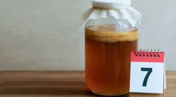 Słoik z kombuchą i kalendarz z cyfrą 7. Dzień 7 fermentacji. Kombucha co to? Napój probiotyczny.