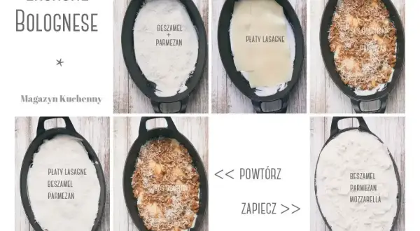Krok po kroku: bardzo dobry przepis na lazanię bolognese. Warstwy beszamelu, makaronu, sosu bolońskiego i parmezanu.