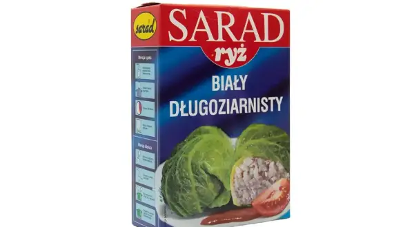 Ryż Sarad biały długoziarnisty - idealny, jaki ryż do gołąbków. Na opakowaniu zdjęcie gotowych gołąbków.