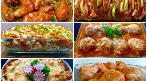 Szybka kolacja dla gości z piekarnika: pieczone kurczaki, zapiekanka warstwowa, klopsiki w sosie, pieczeń faszerowana i zapiekanka makaronowa.