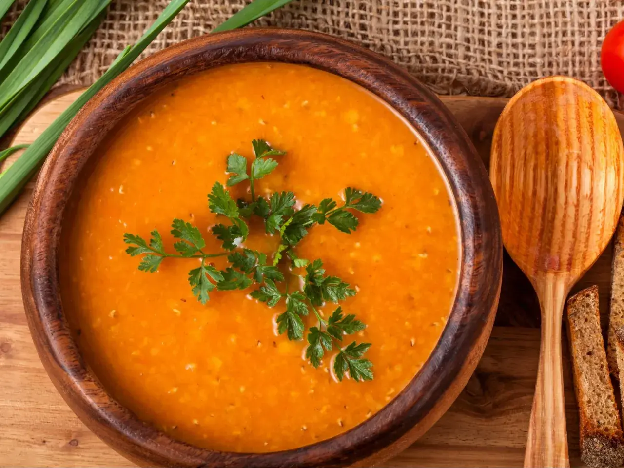 Aksamitna zupa pomidorowa w drewnianej misce, udekorowana natką pietruszki. Obok drewniana łyżka i kromki chleba. Idealna do przyprawienia na wiele sposobów.