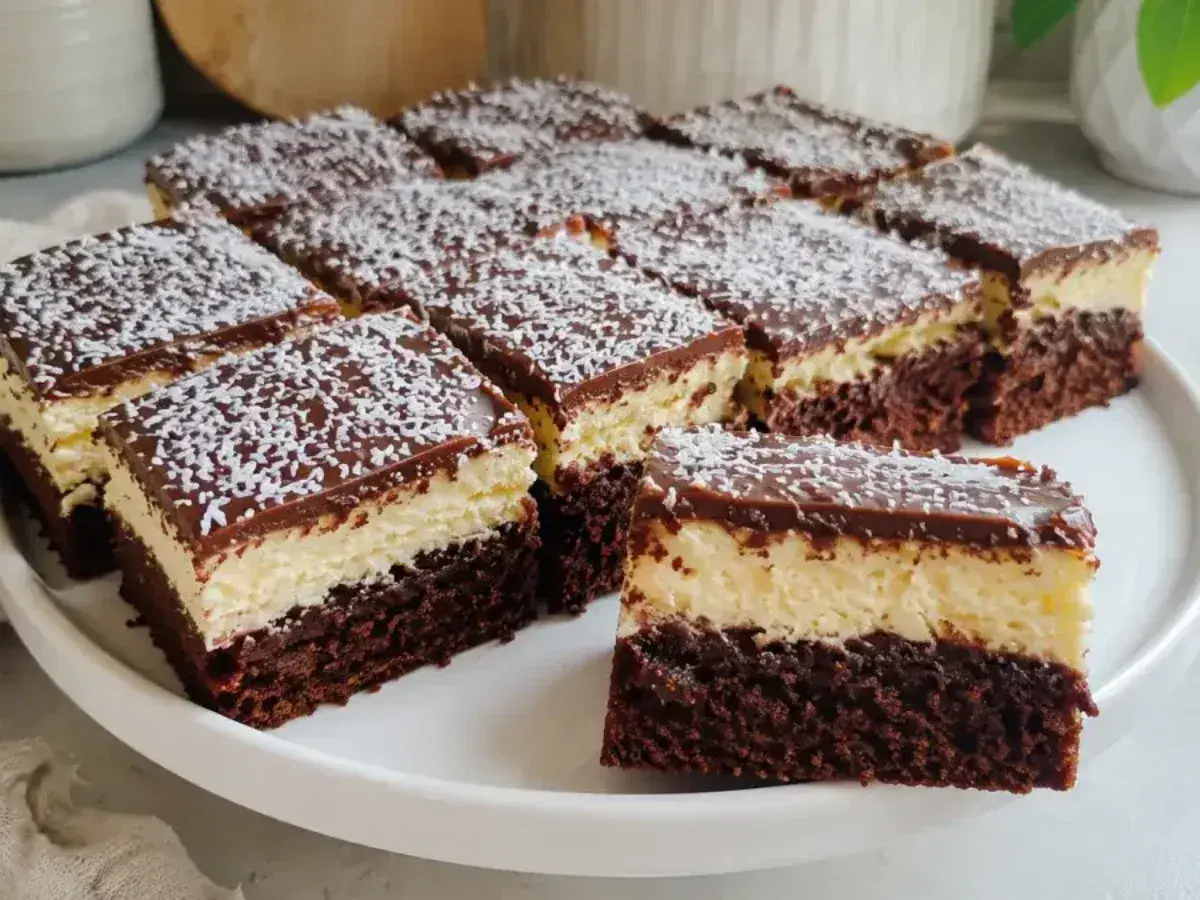 Izaura ciasto które zawsze wychodzi: ciemny biszkopt, jasny krem i czekoladowa polewa z wiórkami kokosowymi.