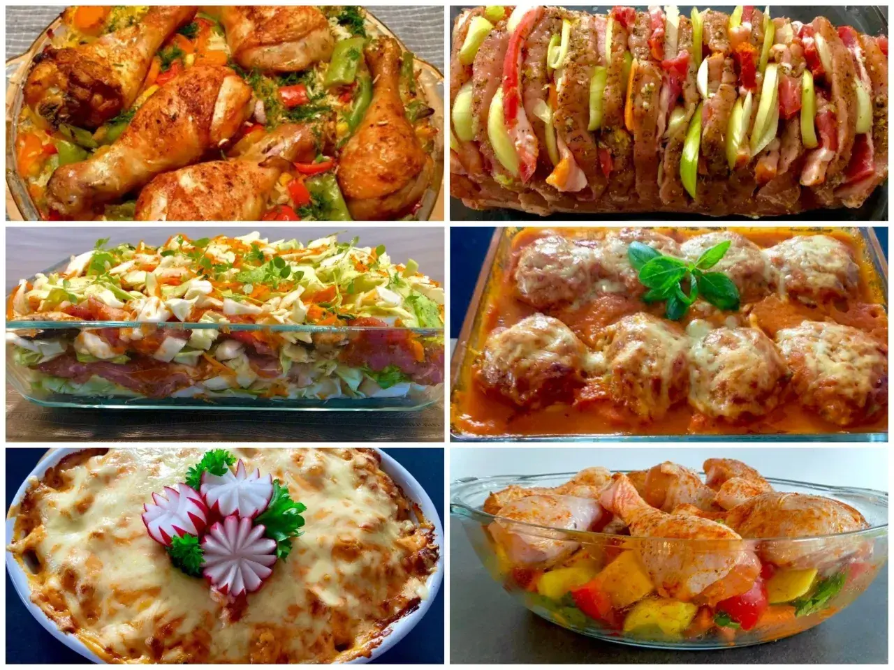 Szybka kolacja dla gości z piekarnika: pieczone kurczaki, zapiekanka warstwowa, klopsiki w sosie, pieczeń faszerowana i zapiekanka makaronowa.
