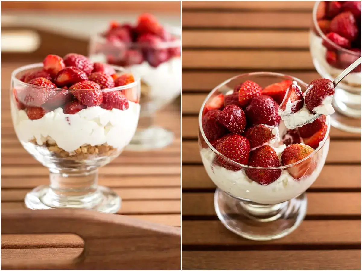 Pyszny deser z mascarpone, świeżymi truskawkami i pokruszonymi herbatnikami. Idealny na letnie popołudnie.