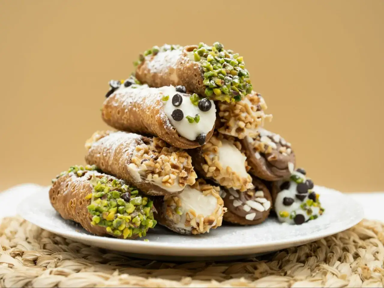 Stos pysznych cannoli, udekorowanych pistacjami, orzechami i czekoladą. Idealny przepis na cannoli, który zachwyci każdego!