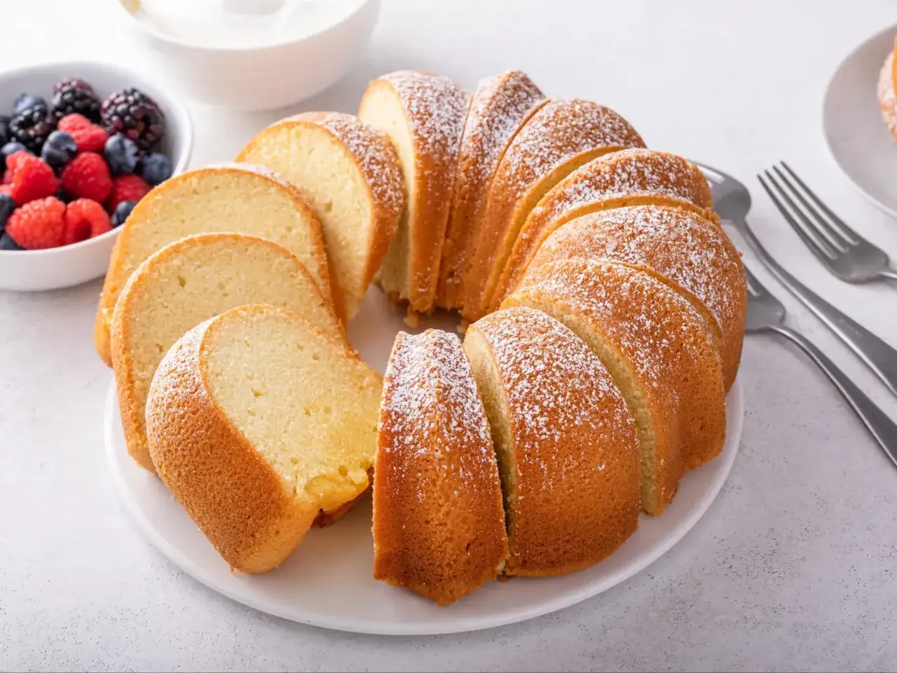 Puszysta babka piaskowa, idealna na deser. Przepis babci na to ciasto to sekret rodzinnych spotkań. Podana z owocami leśnymi.