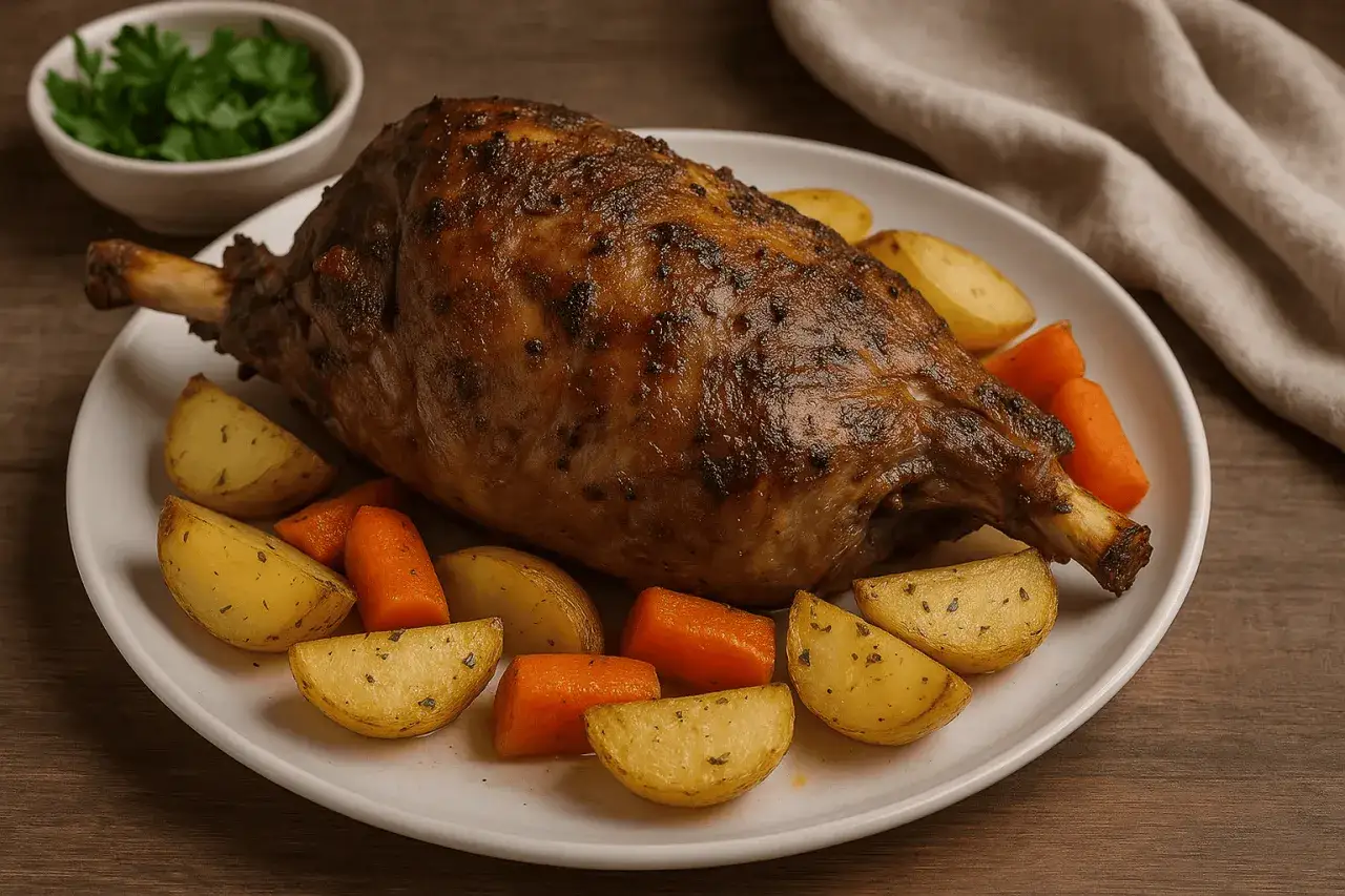 Pieczona jagnięcina co to? Soczyste udko jagnięce z pieczonymi ziemniakami i marchewką, ozdobione natką pietruszki.
