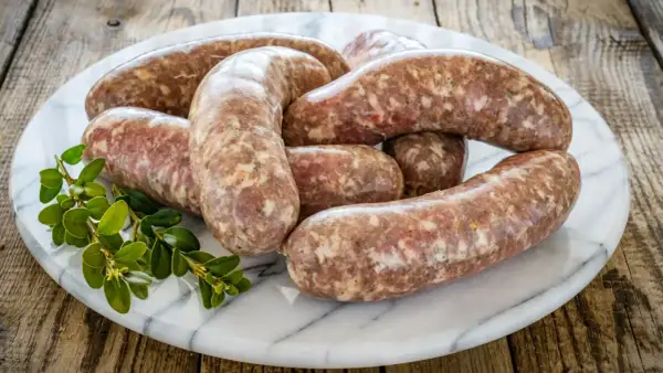 Surowa biała kiełbasa na marmurowej desce, z gałązką zieleni. Dowiedz się, ile czasu gotować białą kiełbasę, by była idealna.