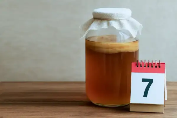 Słoik z kombuchą i kalendarz z cyfrą 7. Dzień 7 fermentacji. Kombucha co to? Napój probiotyczny.