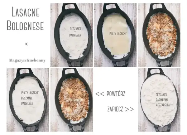 Krok po kroku: bardzo dobry przepis na lazanię bolognese. Warstwy beszamelu, makaronu, sosu bolońskiego i parmezanu.