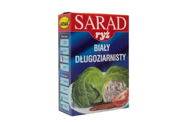 Ryż Sarad biały długoziarnisty - idealny, jaki ryż do gołąbków. Na opakowaniu zdjęcie gotowych gołąbków.