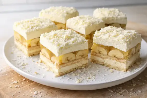 Pyszna krajanka z bananami, galaretką i bitą śmietaną, posypana wiórkami białej czekolady.