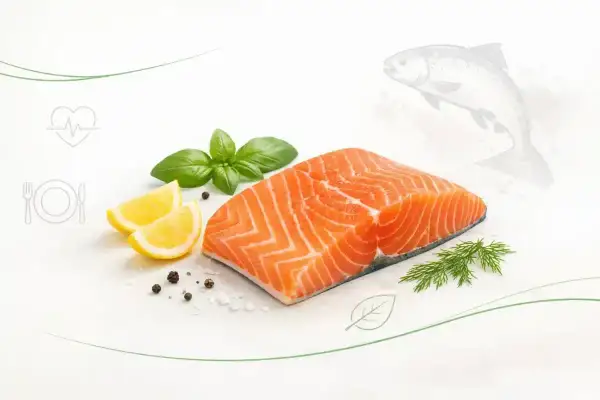 Świeży kawałek łososia z cytryną, bazylią i koprem. Czy łosoś jest zdrowy? Tak, to bogactwo kwasów omega-3 i białka.