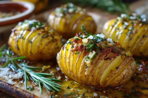 Zapieczone ziemniaki Hasselback z ziołami i czosnkiem. Tanie przepisy na obiad za 10 zł, które zachwycą smakiem.